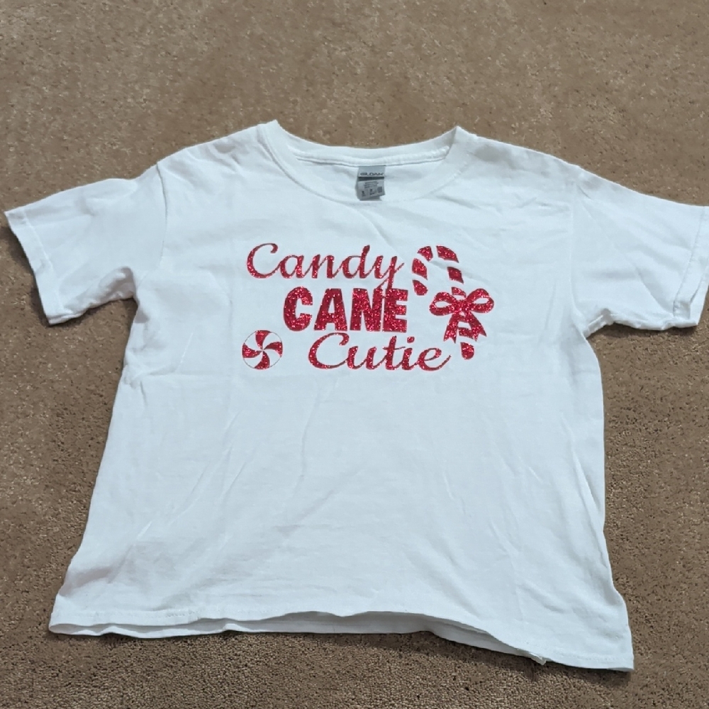Gildan White Tee with Red Candy Cane Design